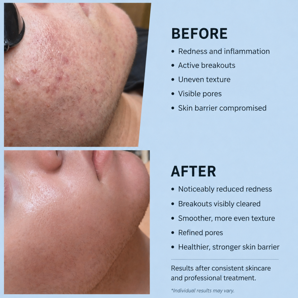 Before and after: reduced redness, cleared breakouts and smoother skin texture